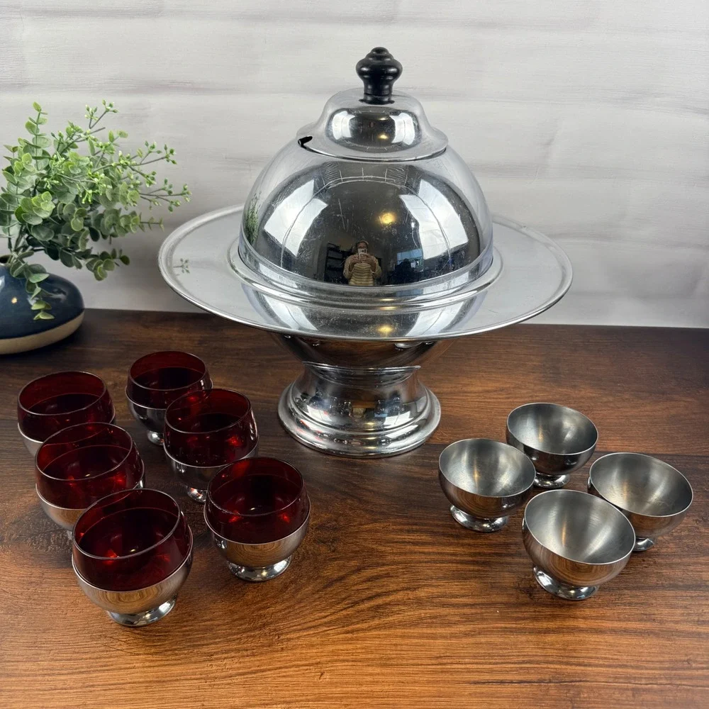 Chase USA Saturn Punch Bowl Set Ruby Glass Mid Century Barware